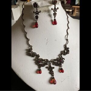 Bronze & Red Jewel Drops Antique Look Demi Parure Avon SP Plate Filigree Costume